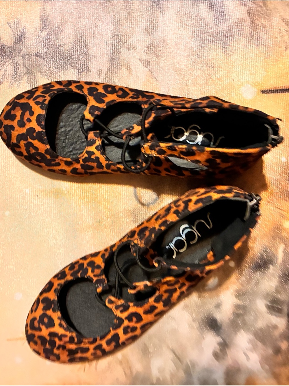 Sugar name brand Leopard Print Lace-Up Ballet style Flats kids 12